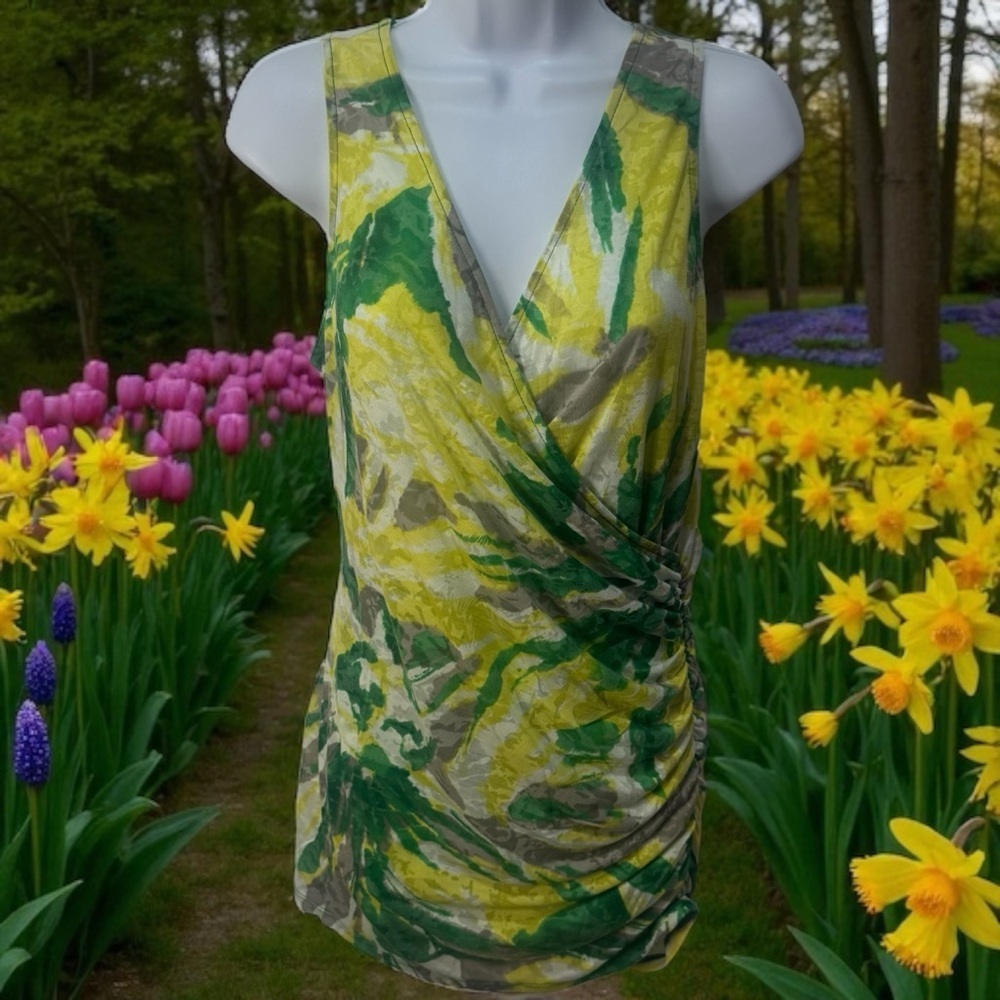 NEW INC Y2K Crossover Deep V-Neck Ruched Tunic‎ Tank Watercolor Textured Size M